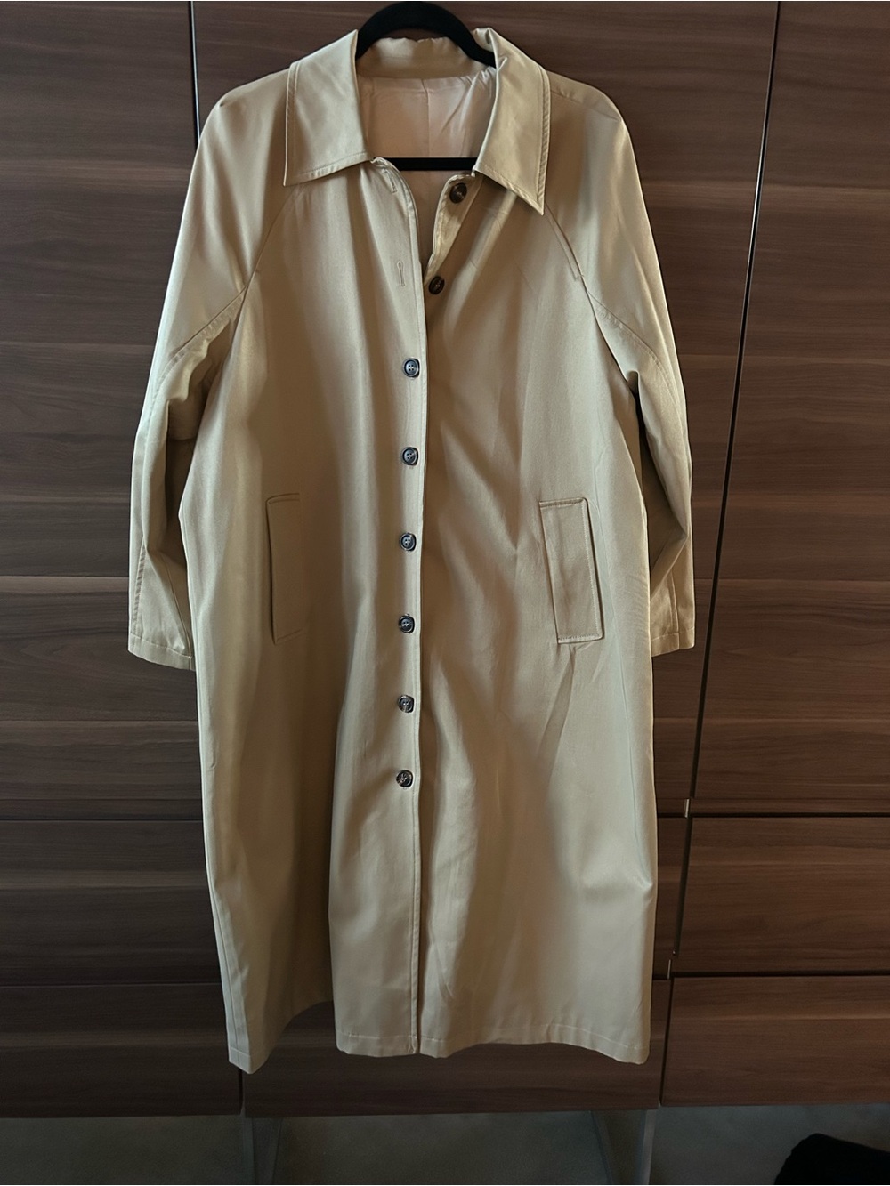 Classic Long Button-Front Trench Dress in Tan